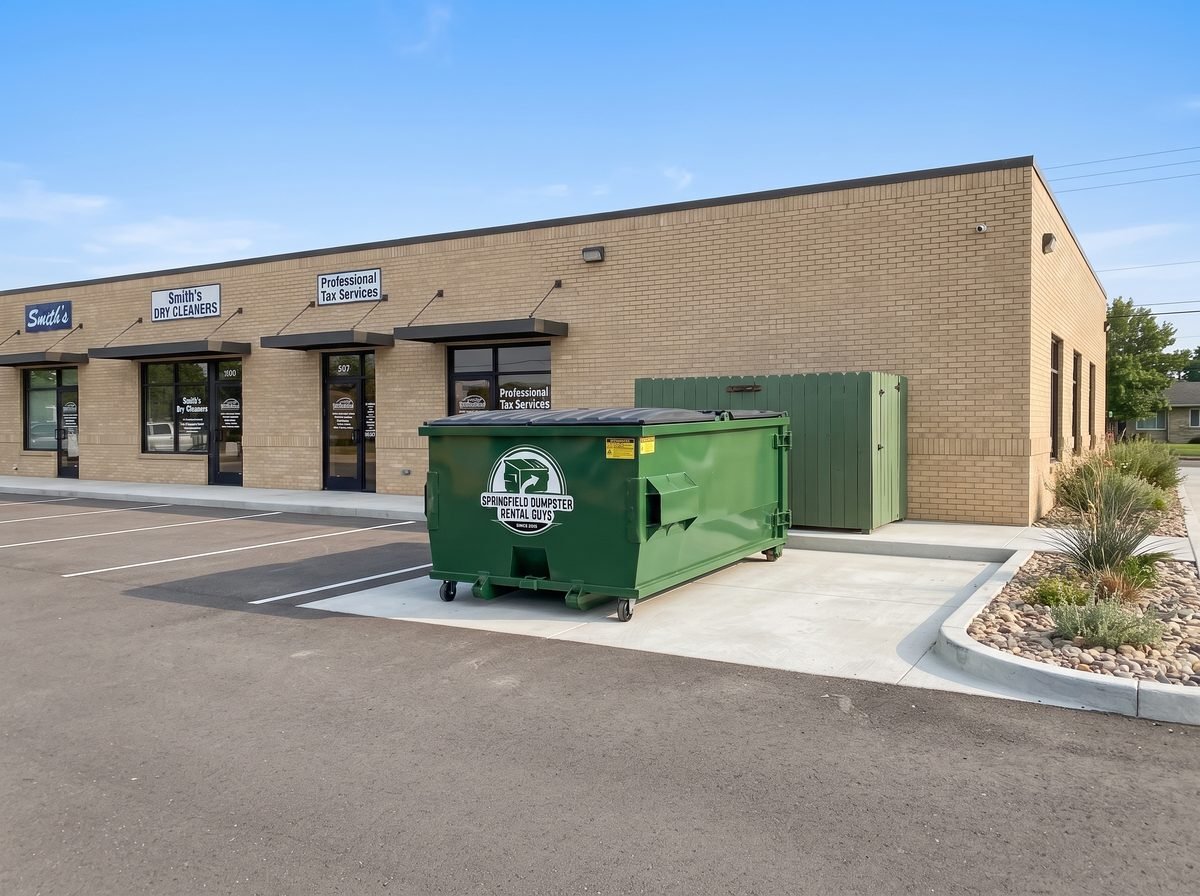 Green commercial roll-off dumpster placed behind a business in Springfield, MO