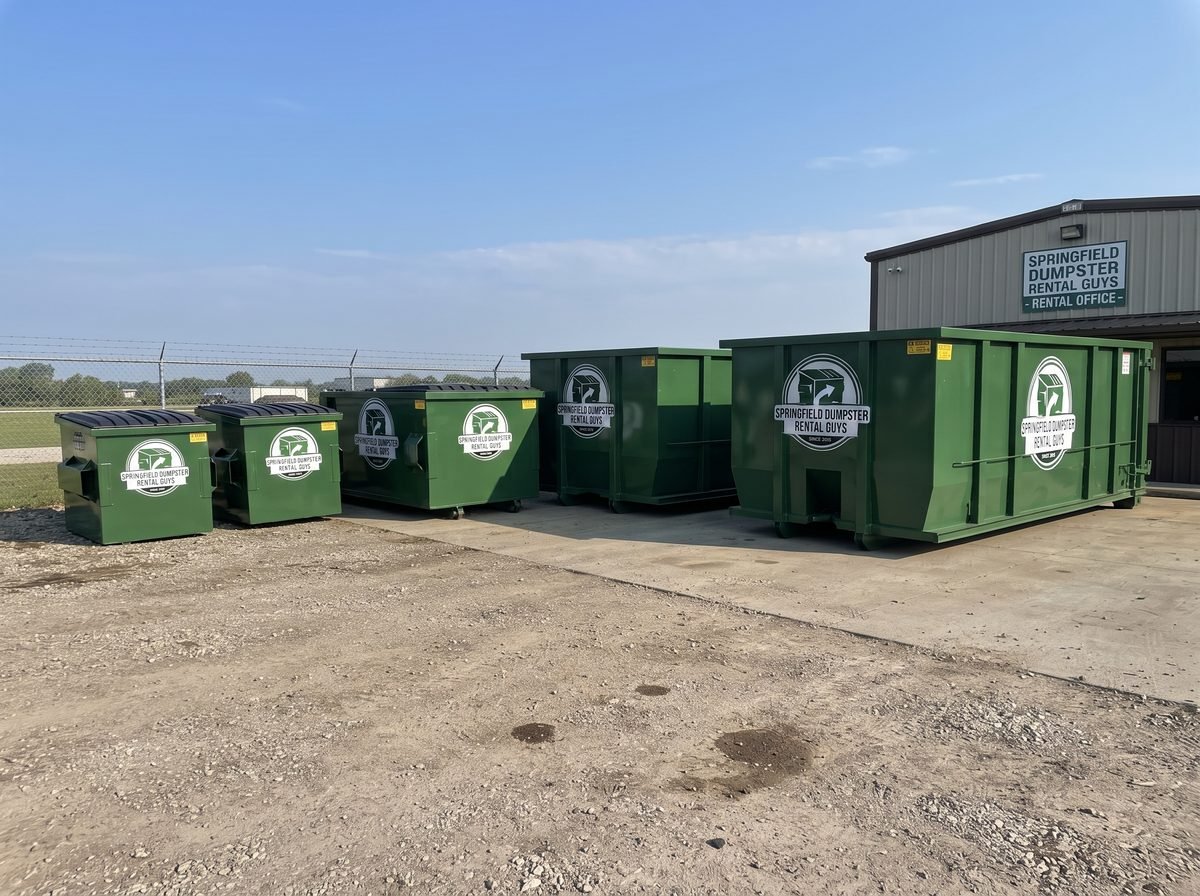 Green roll-off dumpster delivered to a home in Willard, MO by Springfield Dumpster Rental Guys