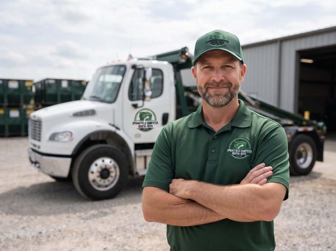 James Tarwhine, owner of Springfield Dumpster Rental Guys, standing beside a roll-off delivery truck in Springfield, MO