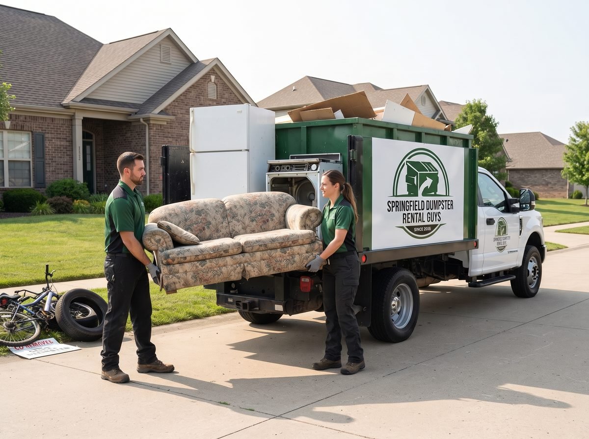 Junk removal crew loading a sofa and appliances into a truck in Springfield, MO