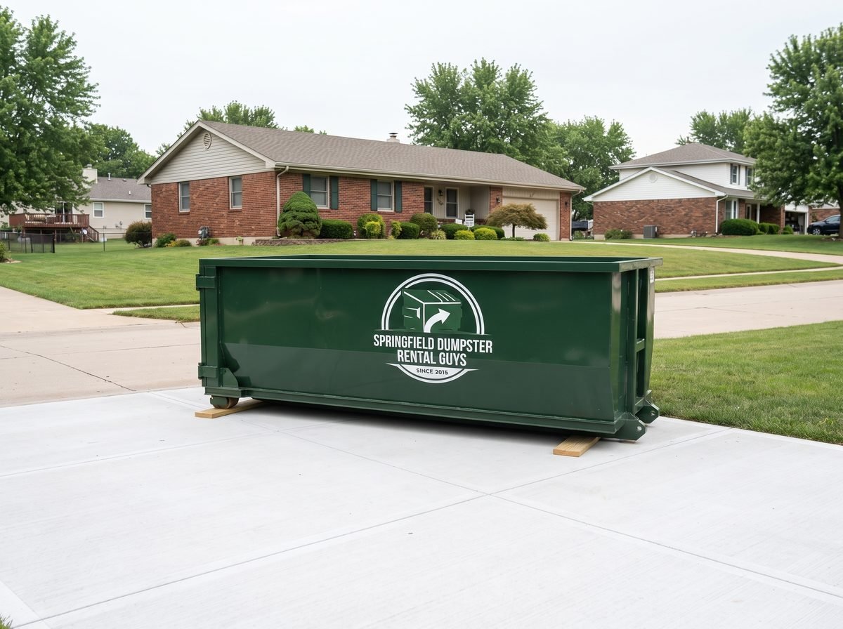 Green roll-off dumpster on a residential driveway during a home cleanout in Springfield, MO