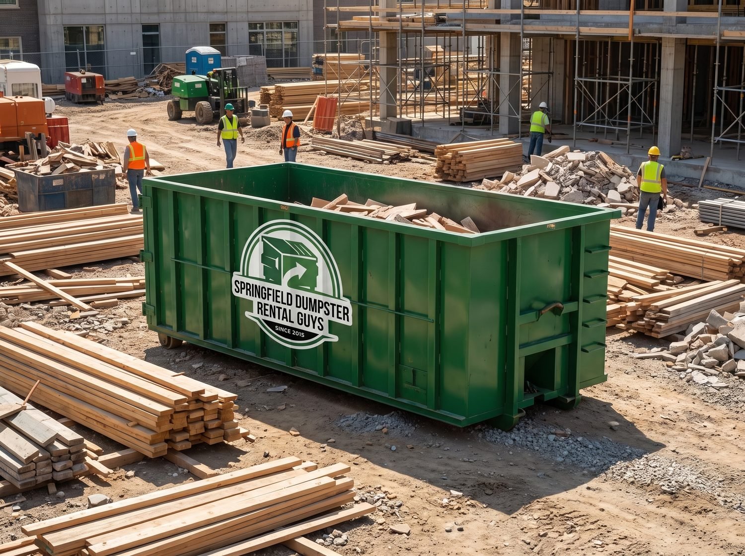 Springfield Dumpster Rental Guys green roll-off dumpster with company logo parked on a residential driveway in Springfield, MO