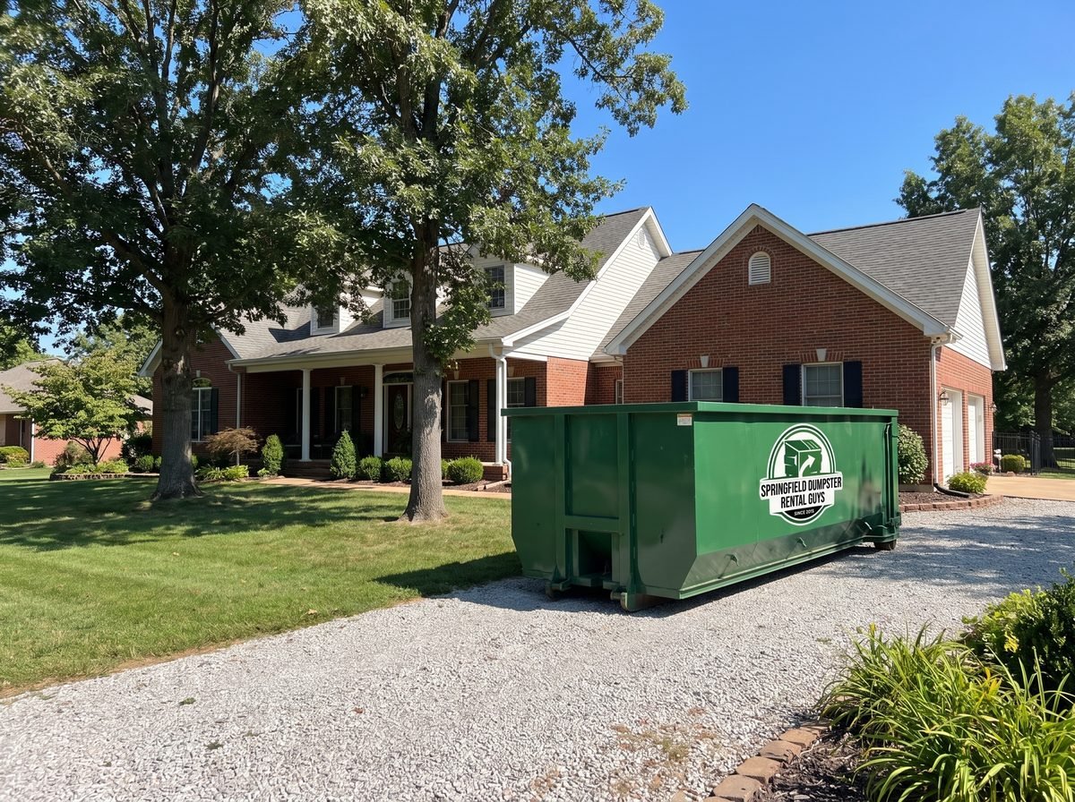 Green roll-off dumpster used for yard waste and brush removal at a Springfield, MO home